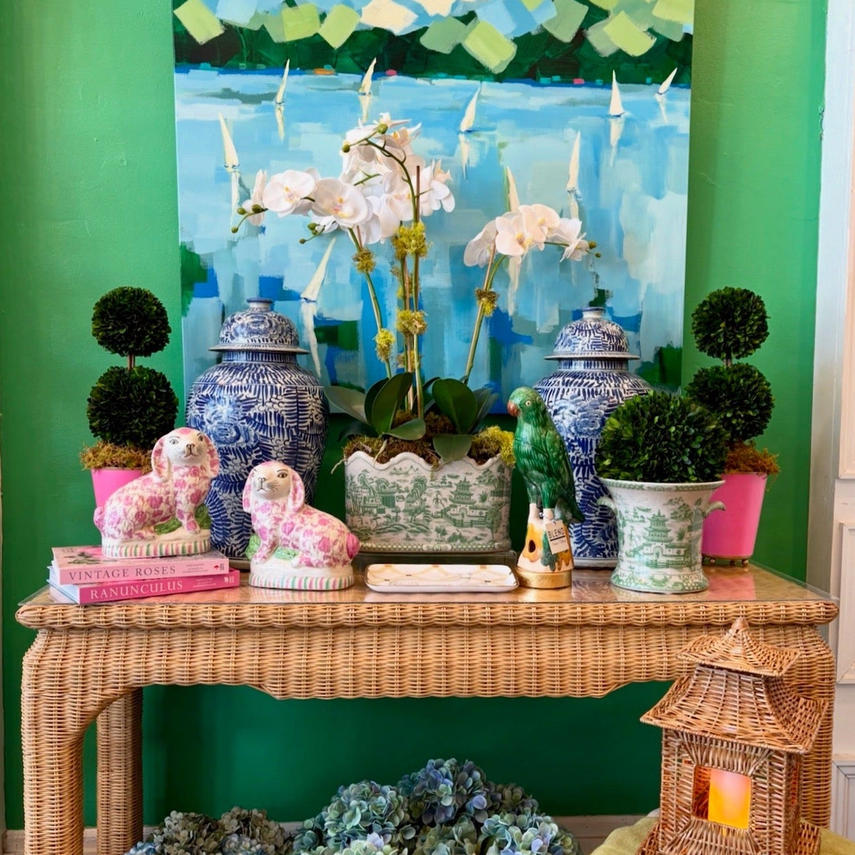 Green and White Porcelain Planter