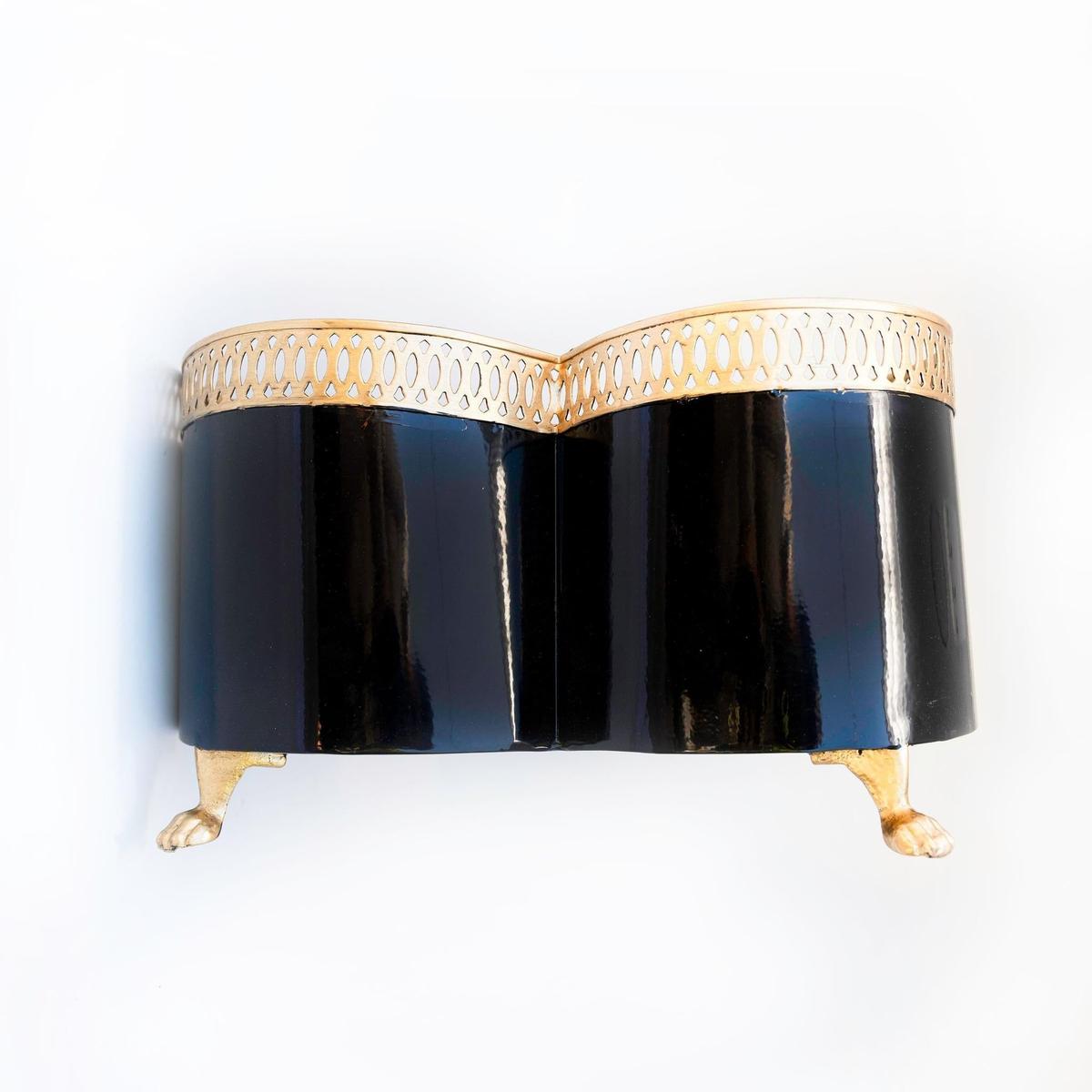 Banded Tole Quatrefoil Planter | Hand-painted Metal Cachepot Planter | Elegant Gold Claw Feet and Gold Banded Detail