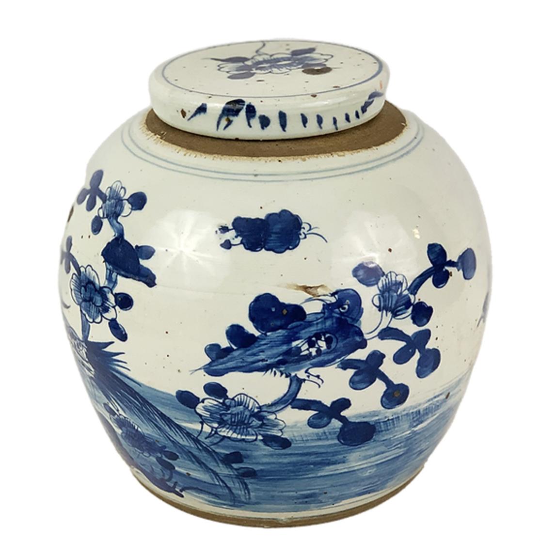 Blue & White Porcelain Bird Ginger Jar