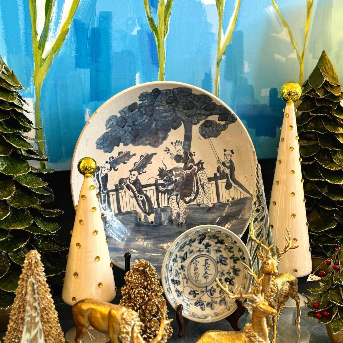 Blue & White Porcelain Chinese Men and Qiln Large Decorative Plate