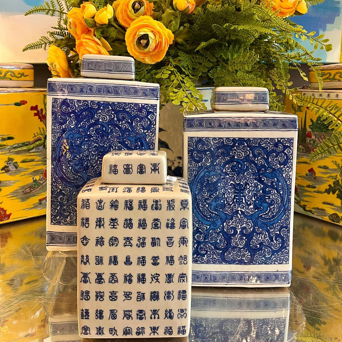 Blue & White Porcelain Rectangular Happiness Motif Tea Jar