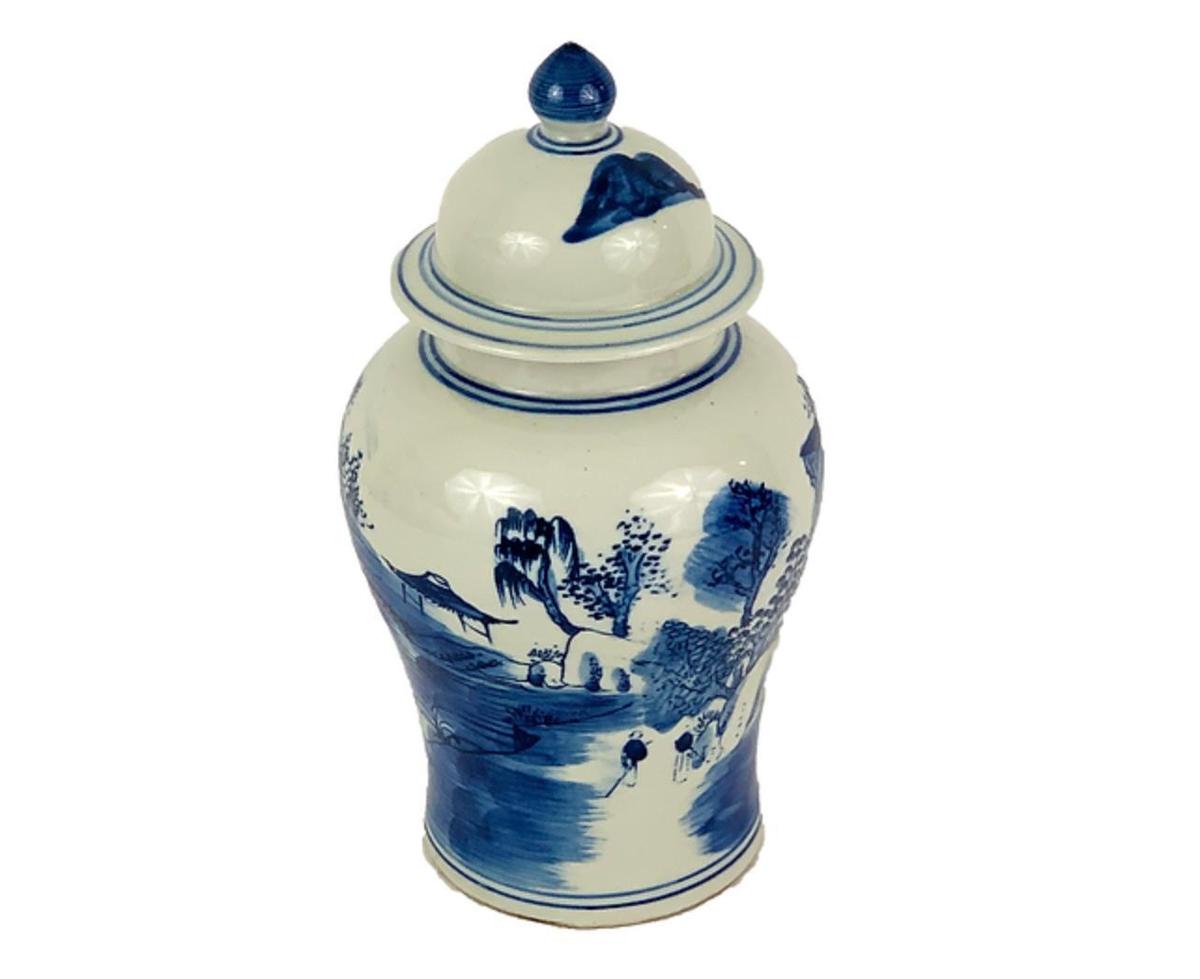 Blue & White Porcelain Village Scene Temple Jar
