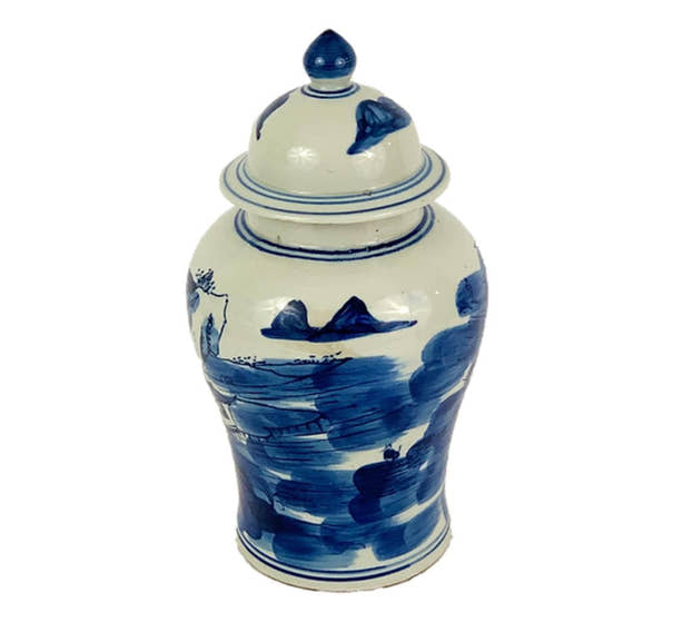 Blue & White Porcelain Village Scene Temple Jar