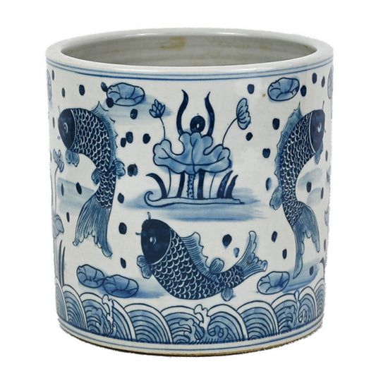 Blue and White Porcelain Fish Brush Pot - Foot Stomp Clay