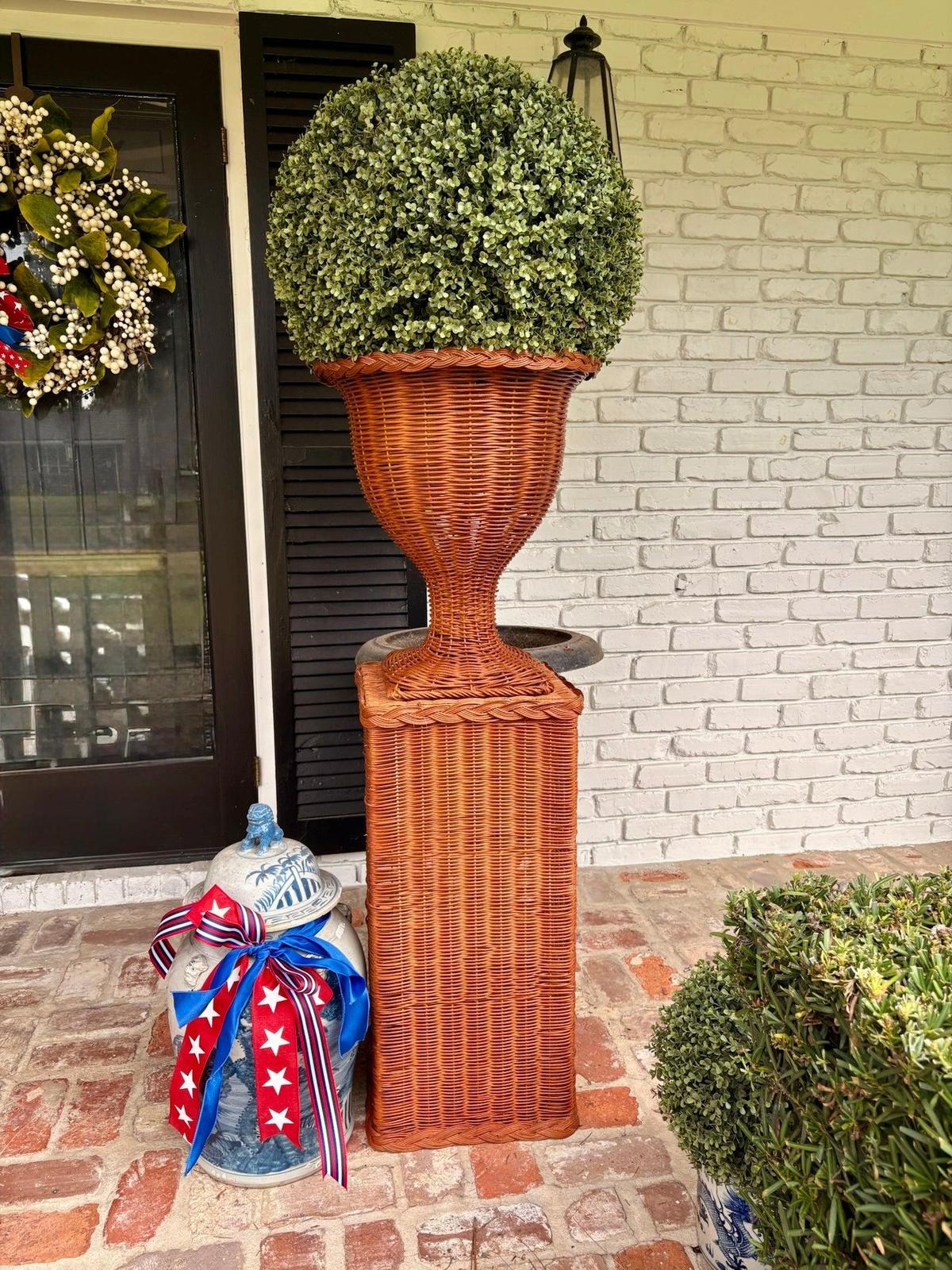 Braided Wicker Square Pedestal Base | Plant Stand or Side Table for Indoor or Outdoor