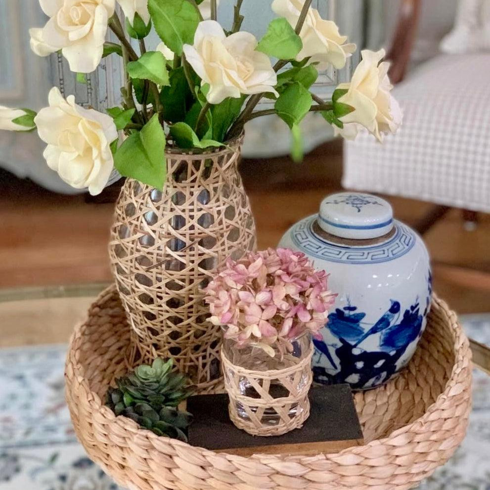 Cane Wrapped Glass Hurricane | Decorative Natural Wicker Lantern