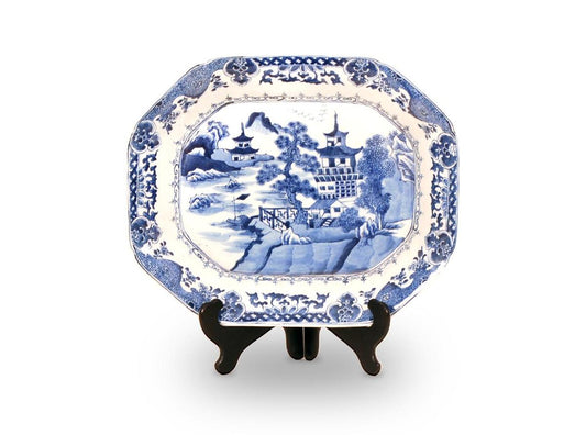 Extra Large Blue & White Porcelain Pagoda River Landscape Decorative Tray