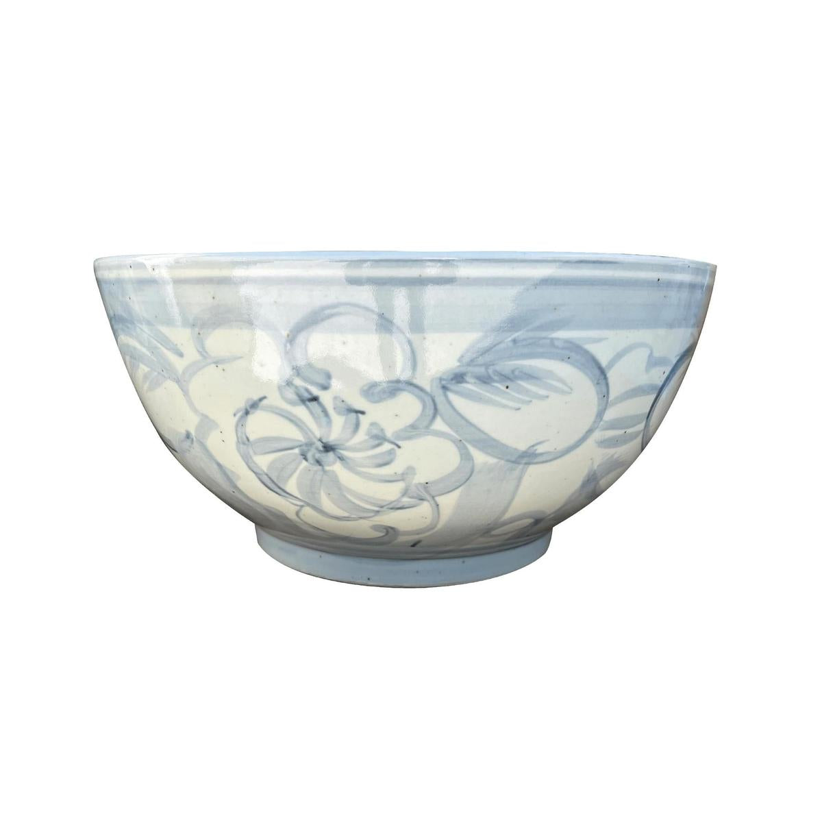 Large Light Blue & White Porcelain Decorative Lotus Bowl - Foot Stomp Clay