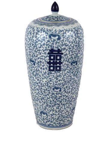 Tall Blue & White Porcelain Happiness Melon Jar