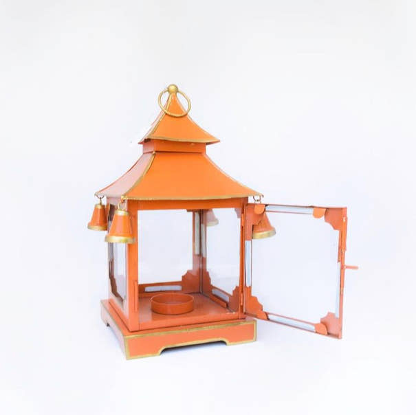 Tole Pagoda Lantern | Decorative Chinoiserie Hand-painted Metal Lantern