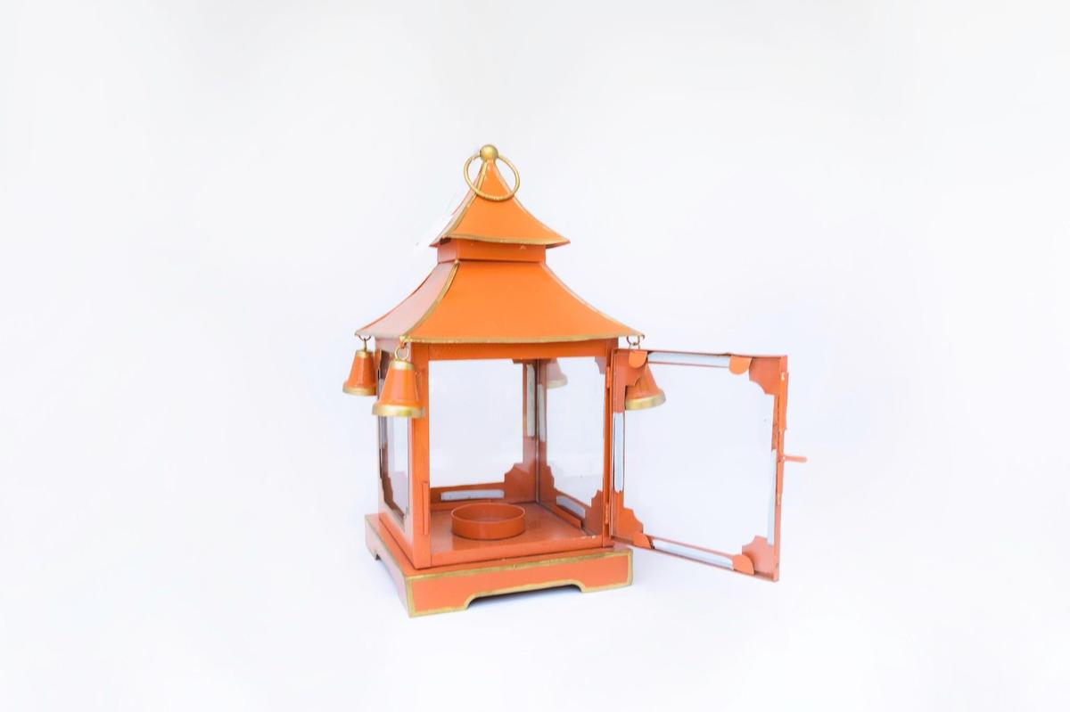 Tole Pagoda Lantern | Decorative Chinoiserie Hand-painted Metal Lantern