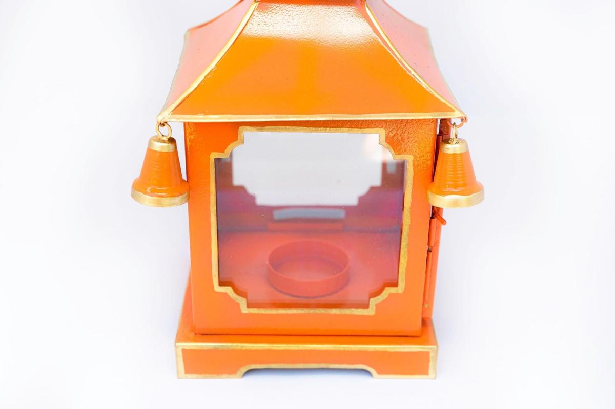 Tole Pagoda Lantern | Decorative Chinoiserie Hand-painted Metal Lantern