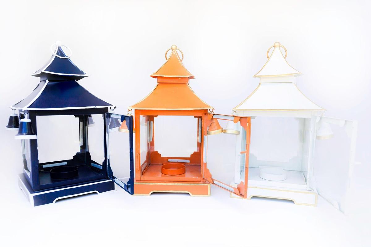 Tole Pagoda Lantern | Decorative Chinoiserie Hand-painted Metal Lantern