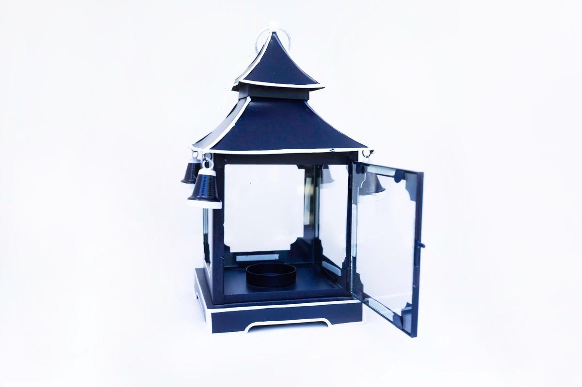 Tole Pagoda Lantern | Decorative Chinoiserie Hand-painted Metal Lantern