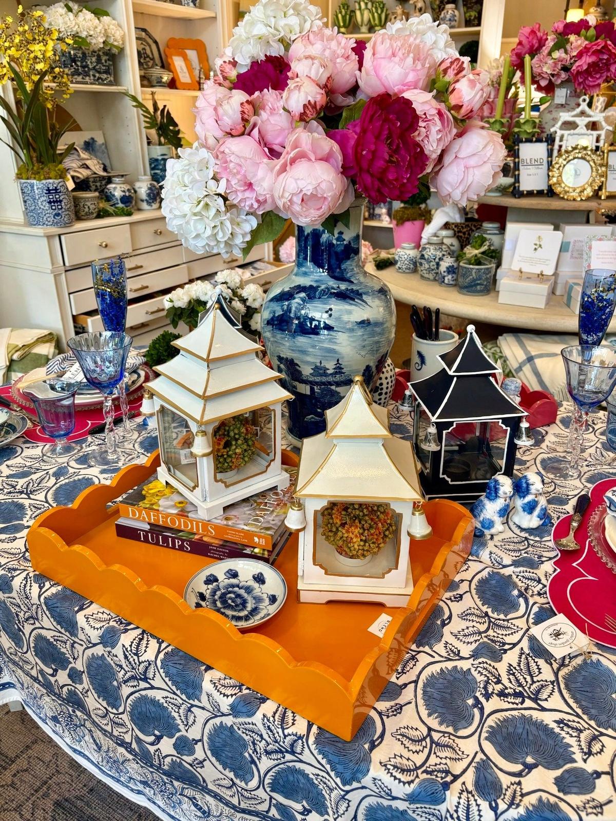 Tole Pagoda Lantern | Decorative Chinoiserie Hand-painted Metal Lantern