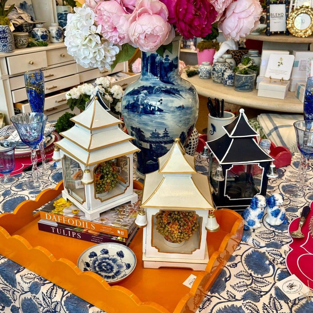 Tole Pagoda Lantern | Decorative Chinoiserie Hand-painted Metal Lantern