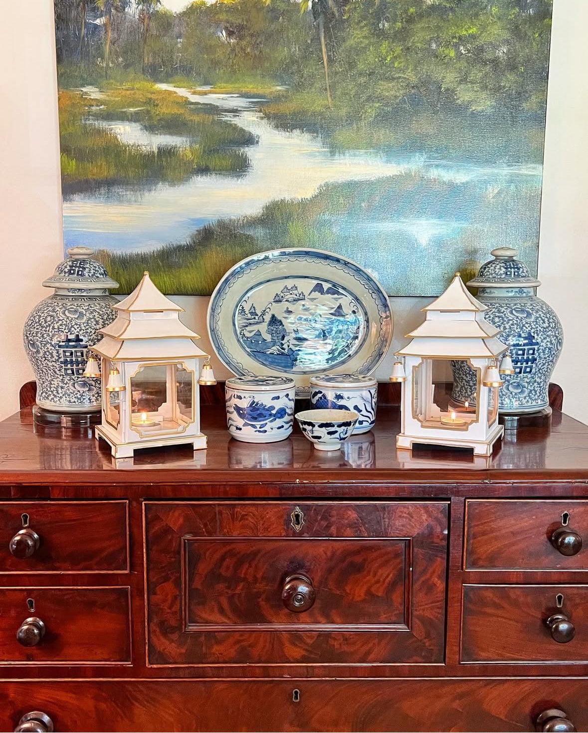 Tole Pagoda Lantern | Decorative Chinoiserie Hand-painted Metal Lantern