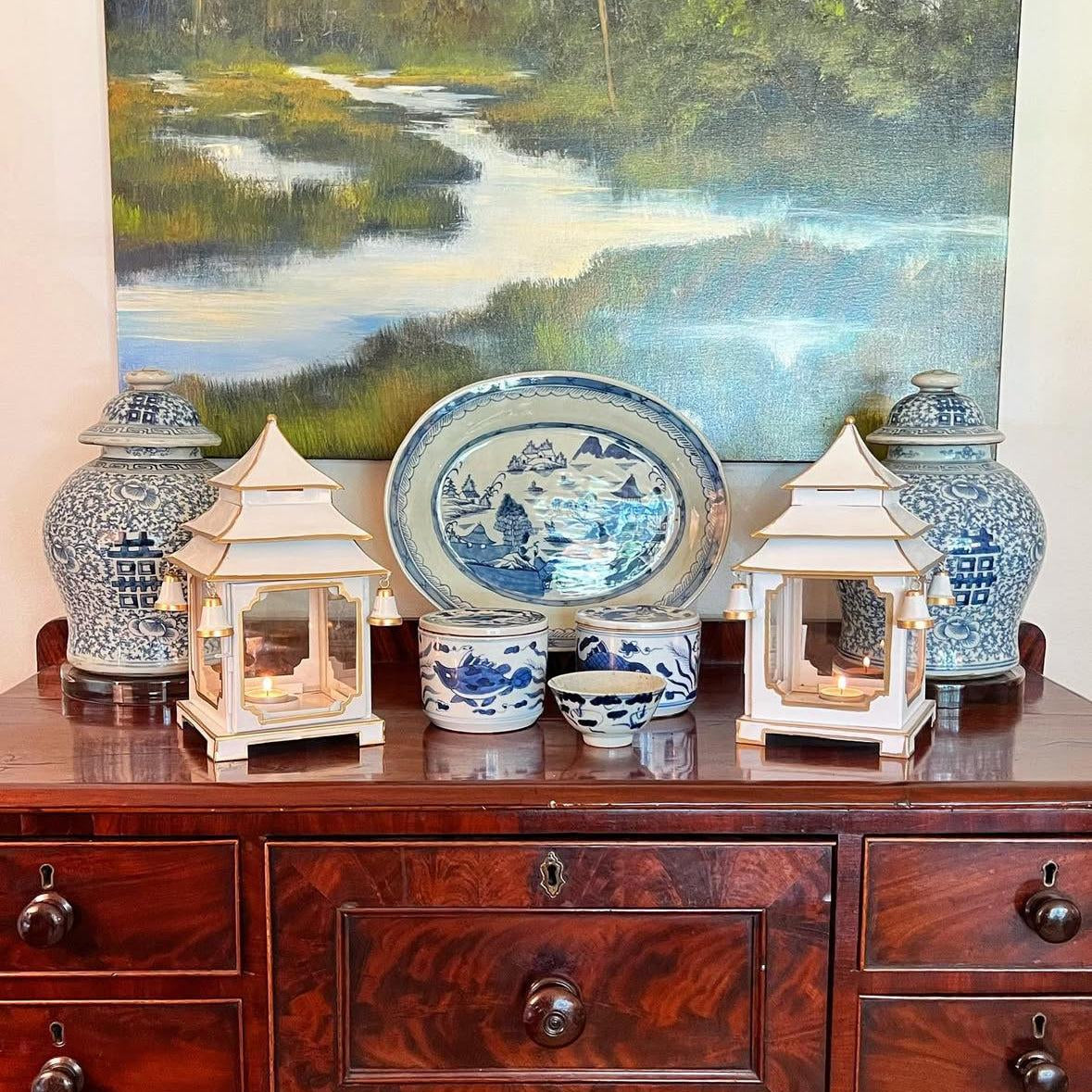 Tole Pagoda Lantern | Decorative Chinoiserie Hand-painted Metal Lantern