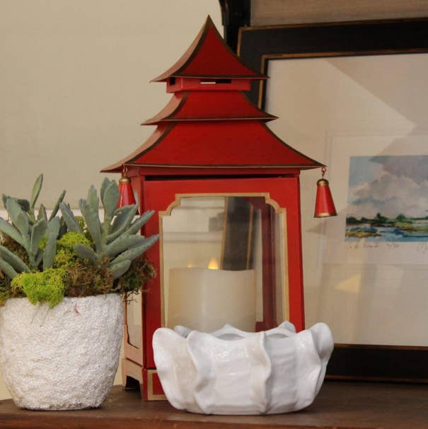 Tole Pagoda Lantern | Decorative Chinoiserie Hand-painted Metal Lantern