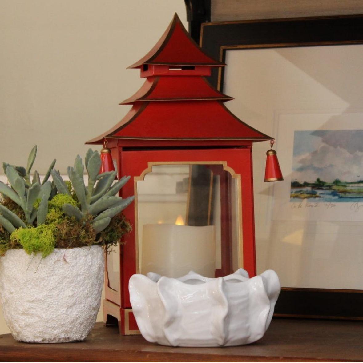 Tole Pagoda Lantern | Decorative Chinoiserie Hand-painted Metal Lantern