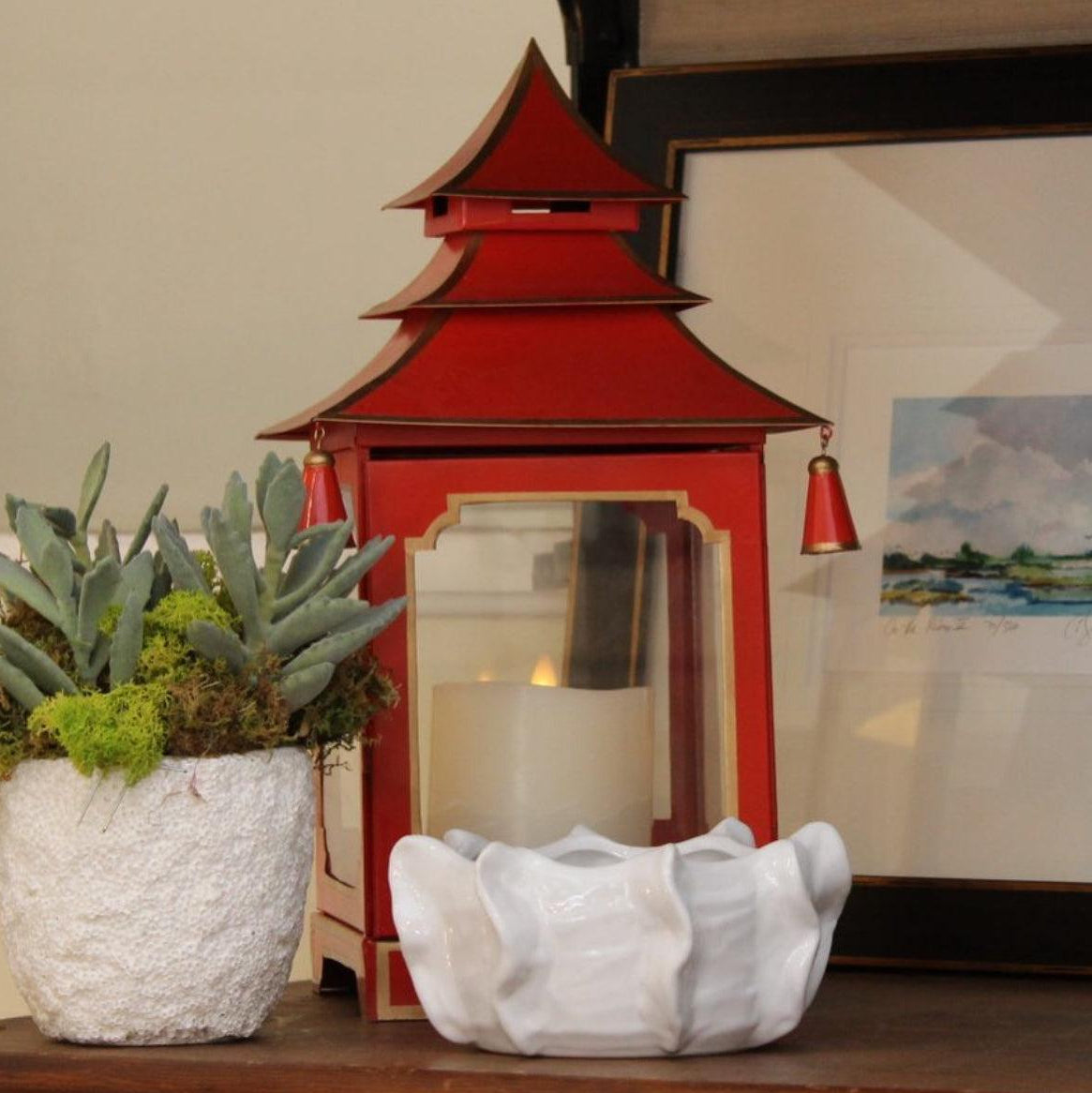 Tole Pagoda Lantern | Decorative Chinoiserie Hand-painted Metal Lantern