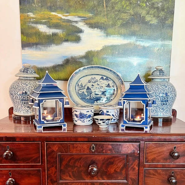 Tole Pagoda Lantern | Decorative Chinoiserie Hand-painted Metal Lantern