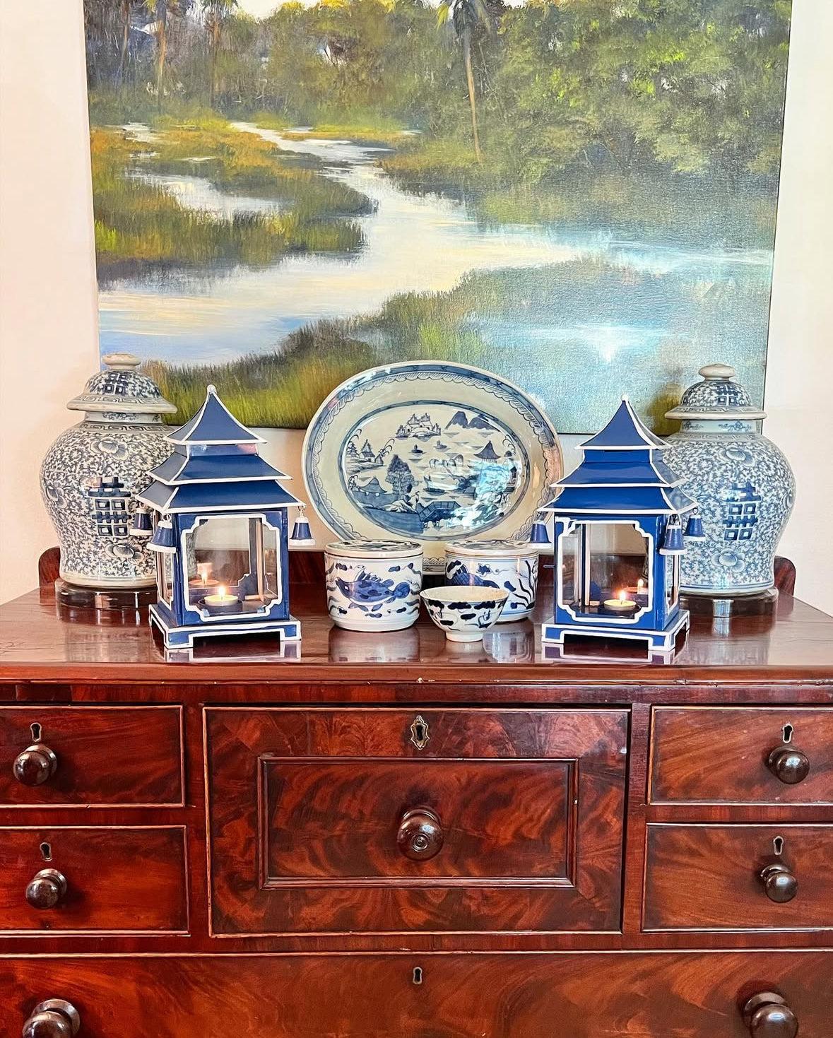 Tole Pagoda Lantern | Decorative Chinoiserie Hand-painted Metal Lantern