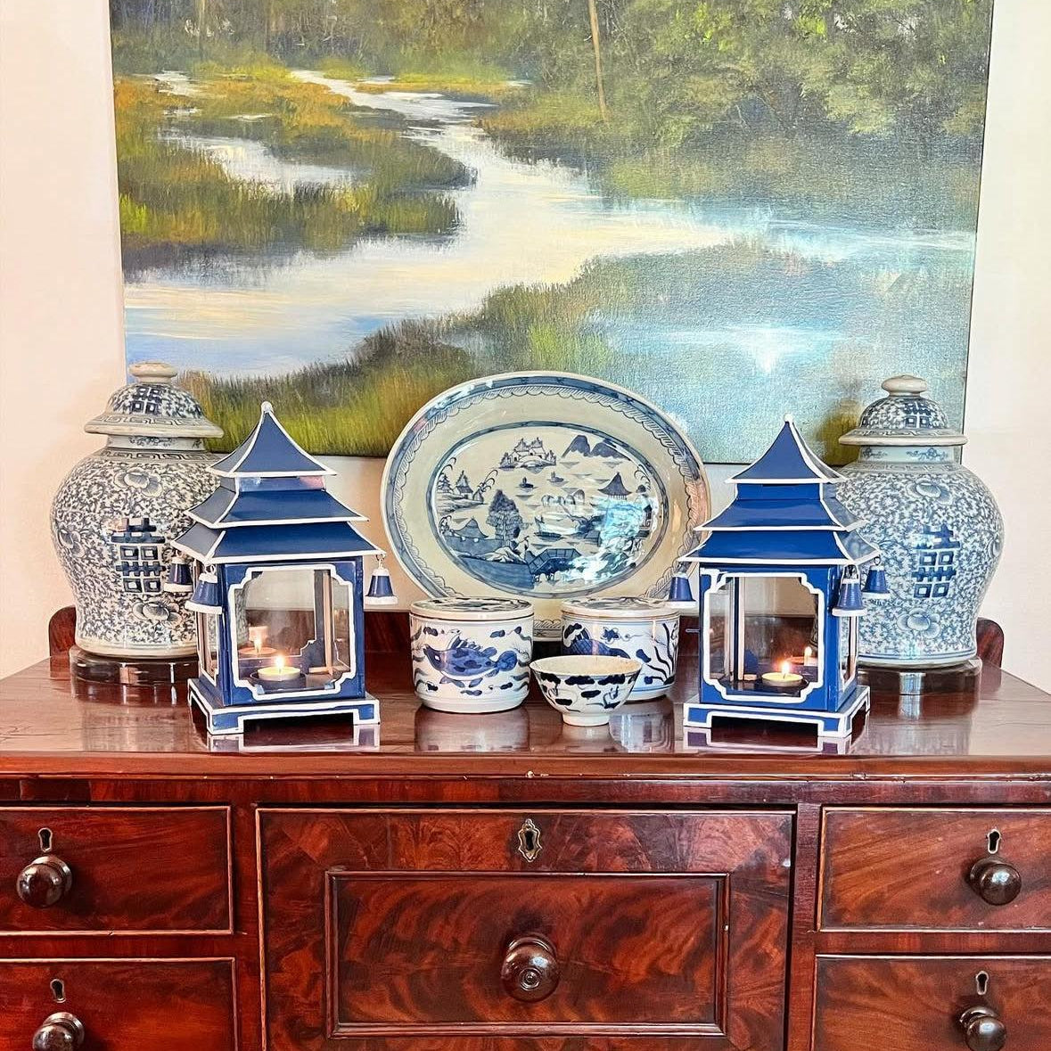 Tole Pagoda Lantern | Decorative Chinoiserie Hand-painted Metal Lantern