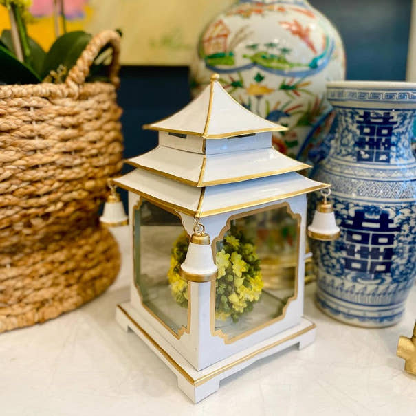 Tole Pagoda Lantern | Decorative Chinoiserie Hand-painted Metal Lantern