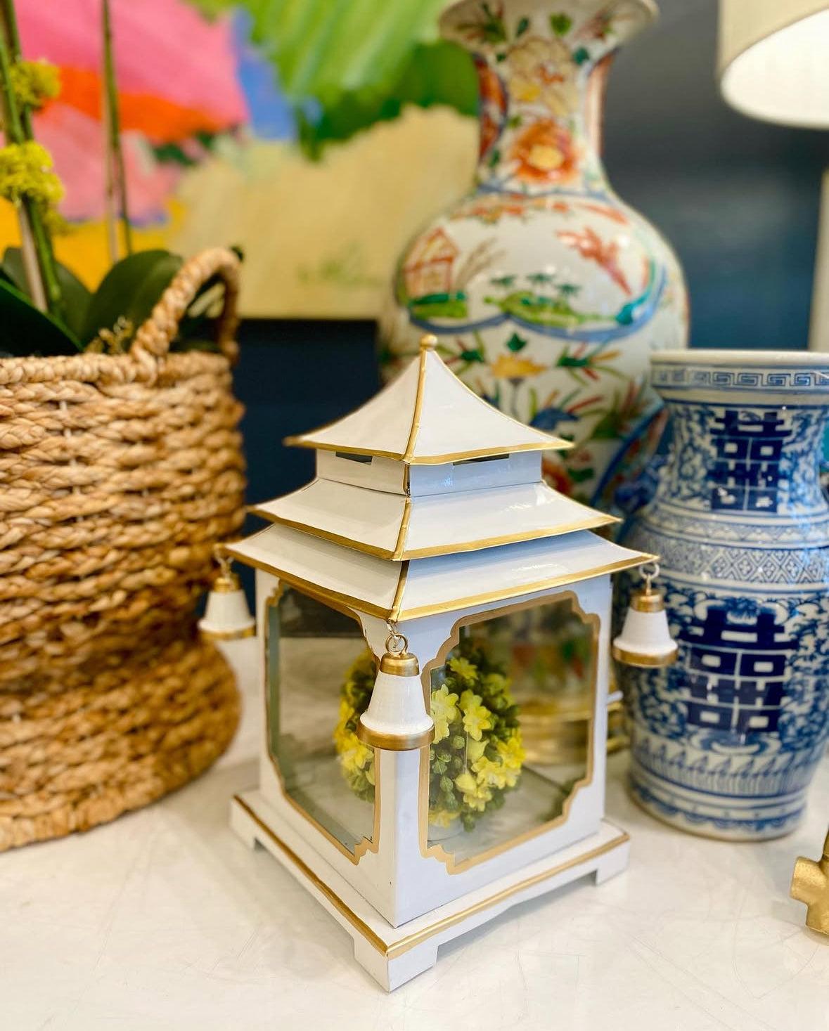 Tole Pagoda Lantern | Decorative Chinoiserie Hand-painted Metal Lantern