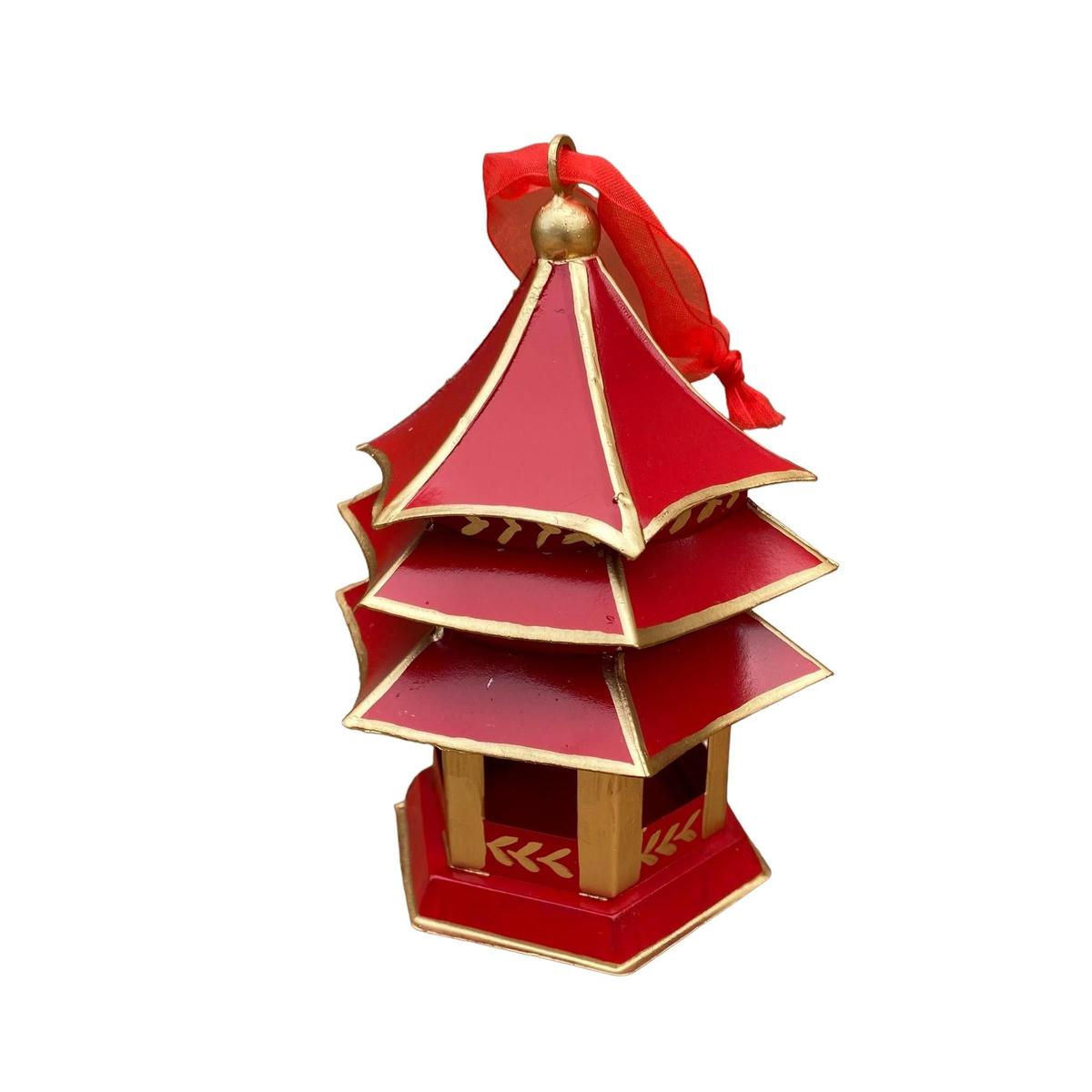 Tole Pagoda Ornament | Hand-painted Chinoiserie Decorative Accent