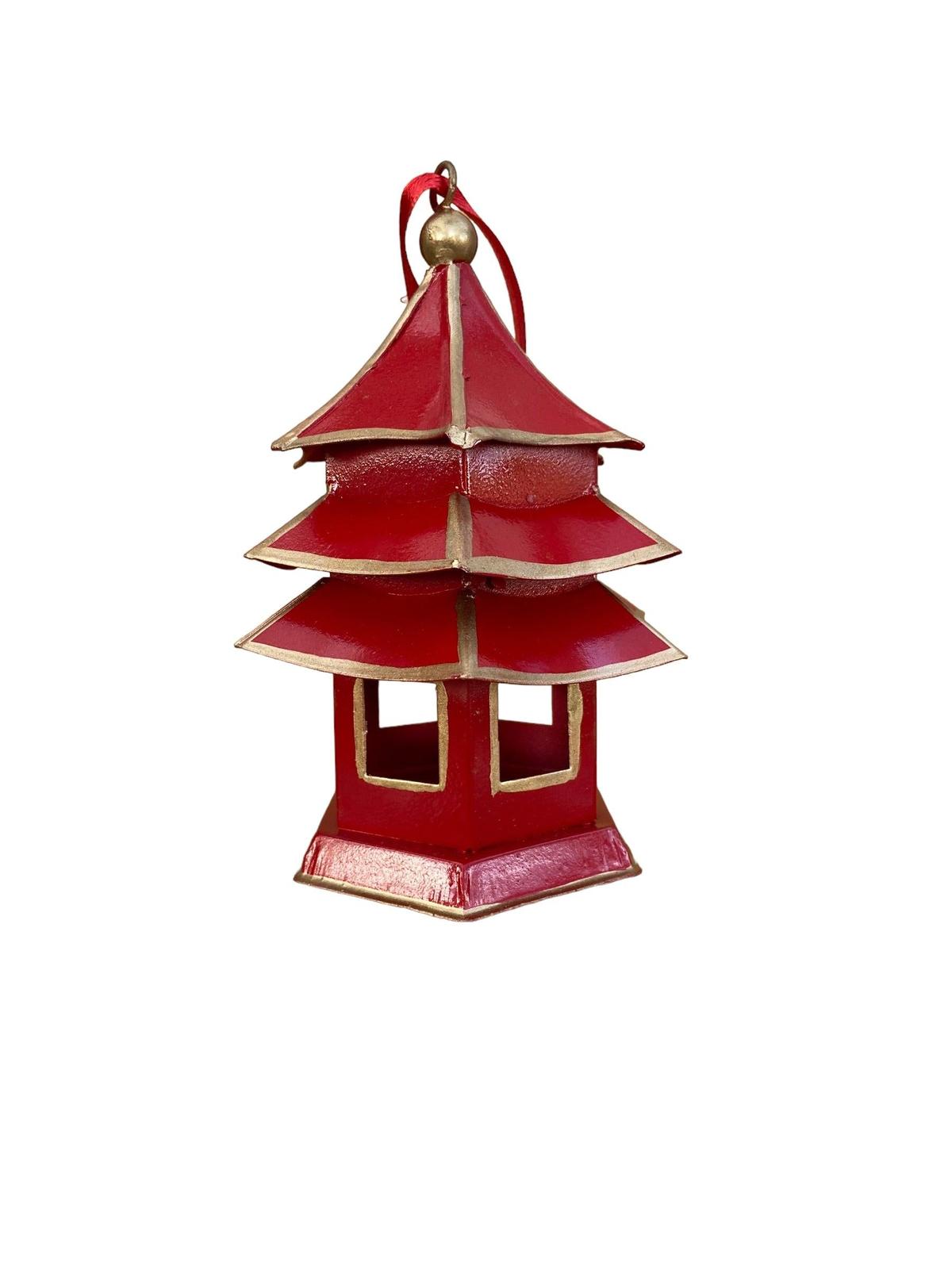 Tole Pagoda Ornament | Hand-painted Chinoiserie Decorative Accent