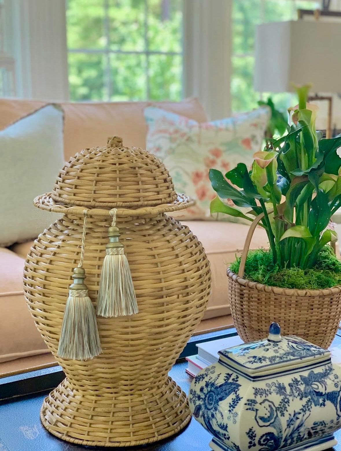 Wicker Temple Jar | Handwoven Decorative Accent Vase with Lid
