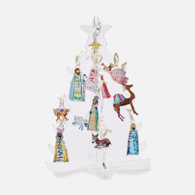 Clear acrylic display tree styled with Lauren Dunn ornaments. Ornaments sold separately.