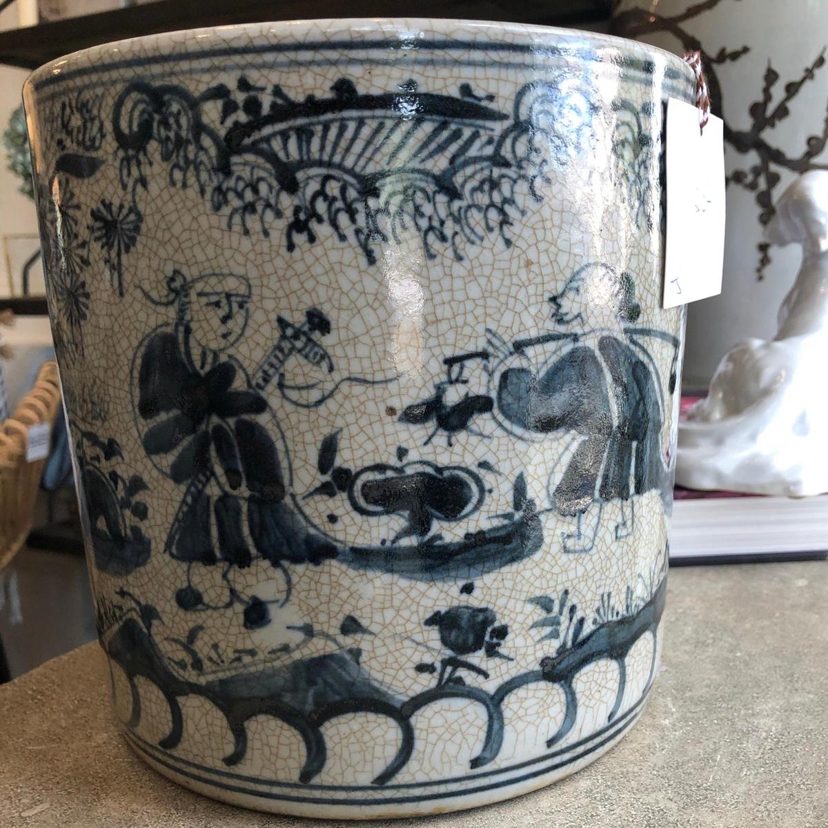 Blue & White Porcelain 8" Brush Pot - Straight Wall Planter - Foot Stomp Clay