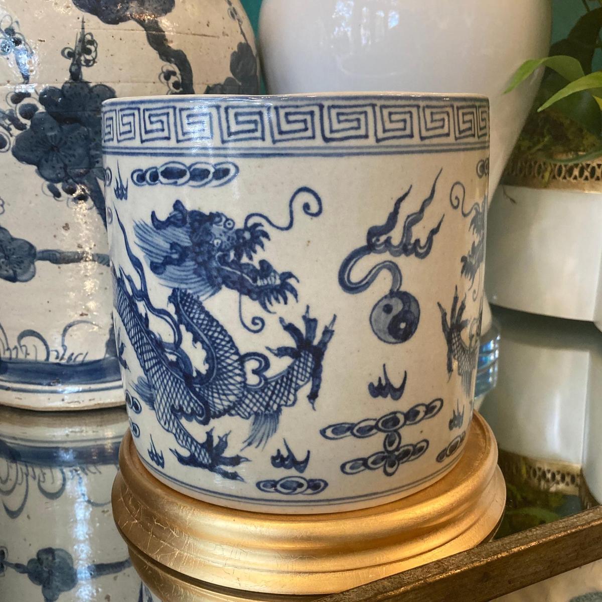 Blue & White Porcelain 8" Brush Pot - Straight Wall Planter - Foot Stomp Clay