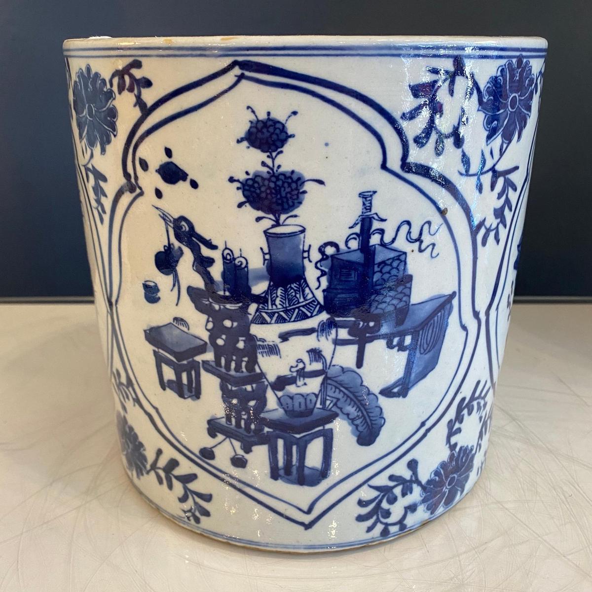 Blue & White Porcelain 8" Brush Pot - Straight Wall Planter - Foot Stomp Clay