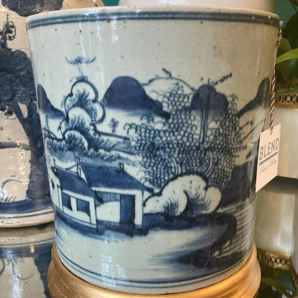 Blue & White Porcelain 8.5" Brush Pot - Straight Wall Planter - Foot Stomp Clay