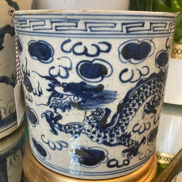 Blue & White Porcelain 8.5" Brush Pot - Straight Wall Planter - Foot Stomp Clay