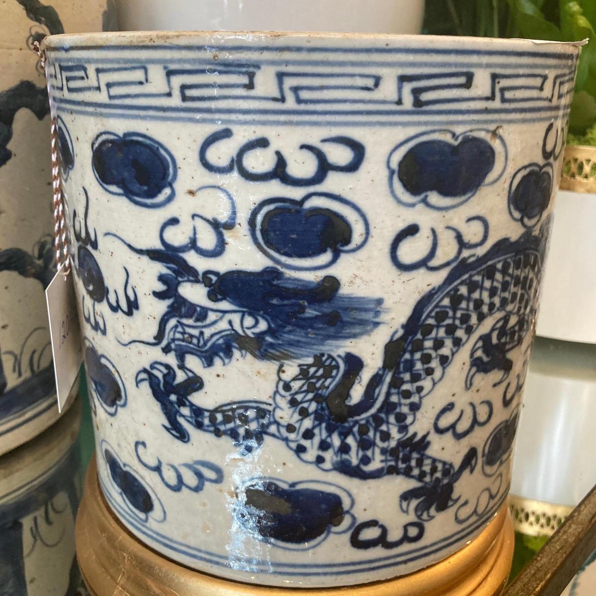 Blue & White Porcelain 8.5" Brush Pot - Straight Wall Planter - Foot Stomp Clay