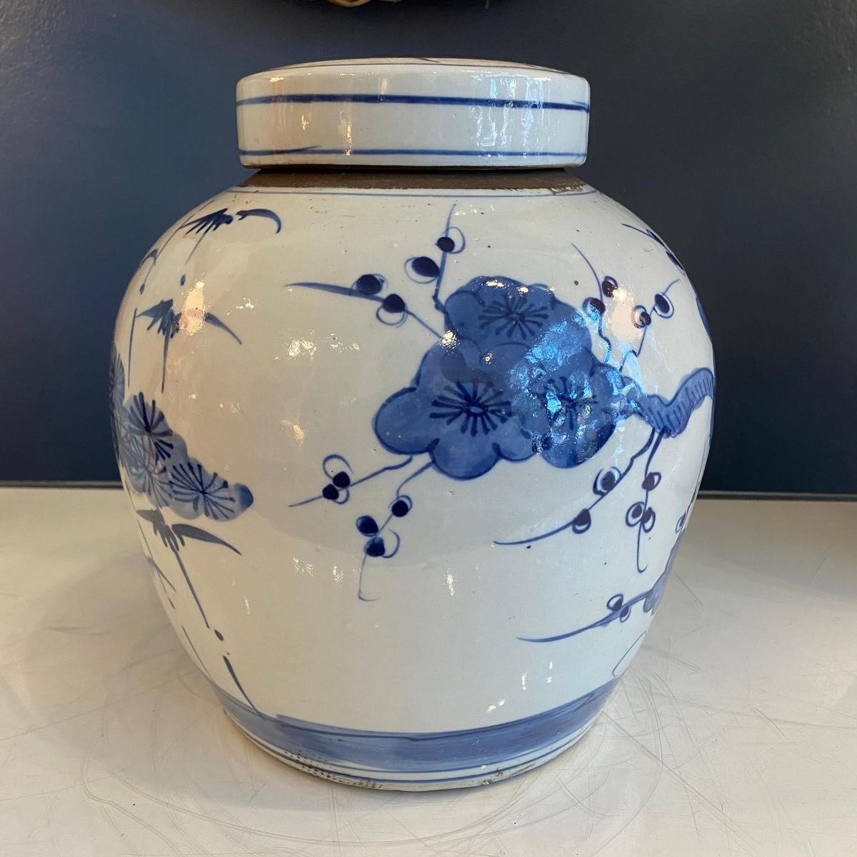 Blue & White Porcelain 9" Bamboo Ginger Jar