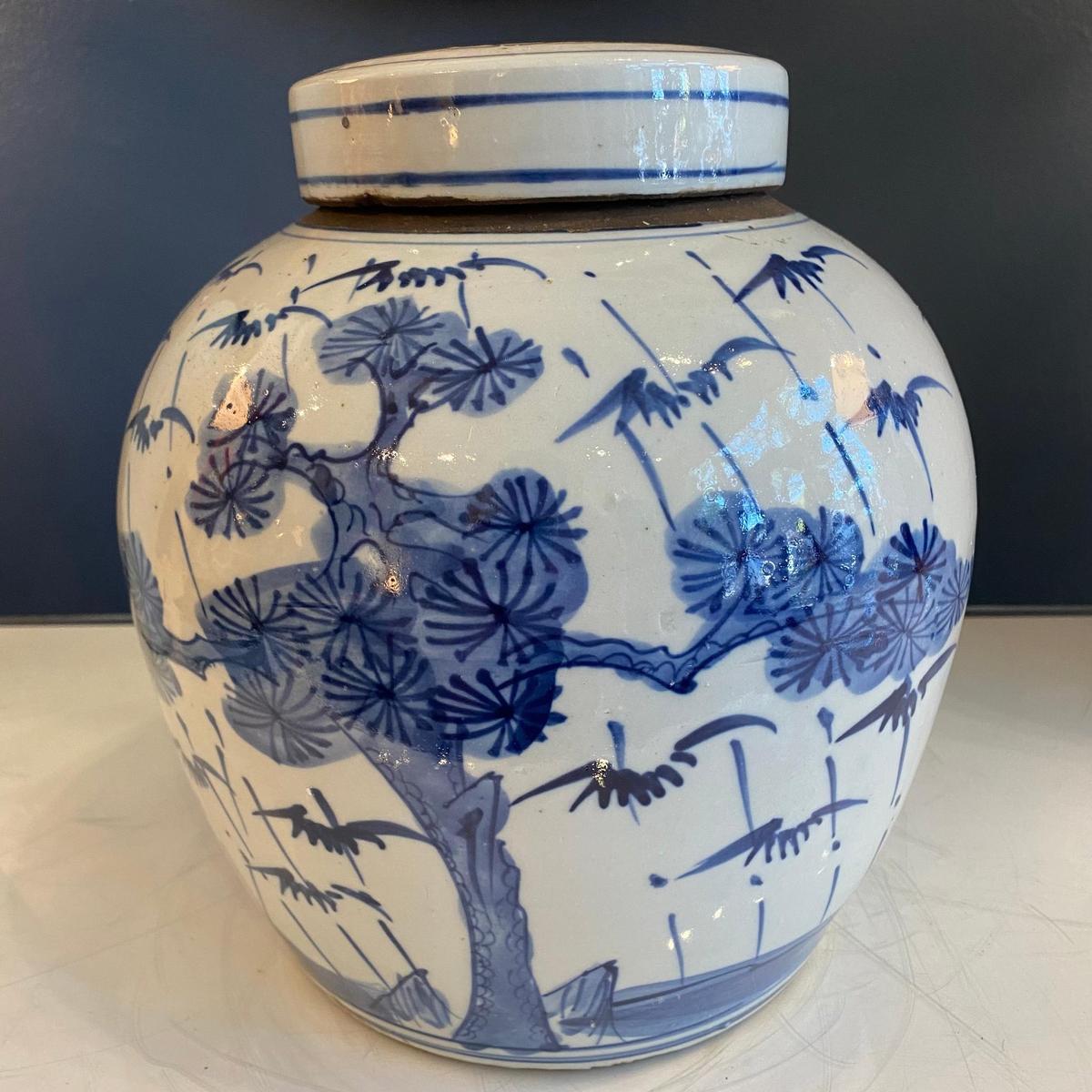 Blue & White Porcelain 9" Bamboo Ginger Jar