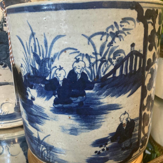 Blue & White Porcelain 9" Brush Pot - Straight Wall Planter - Foot Stomp Clay