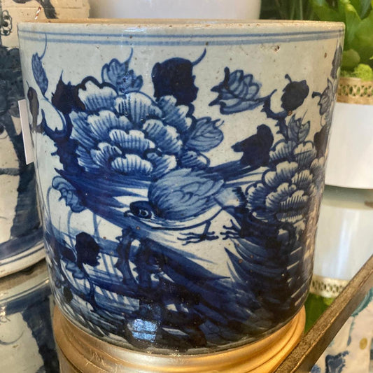 Blue & White Porcelain 9" Brush Pot - Straight Wall Planter - Foot Stomp Clay