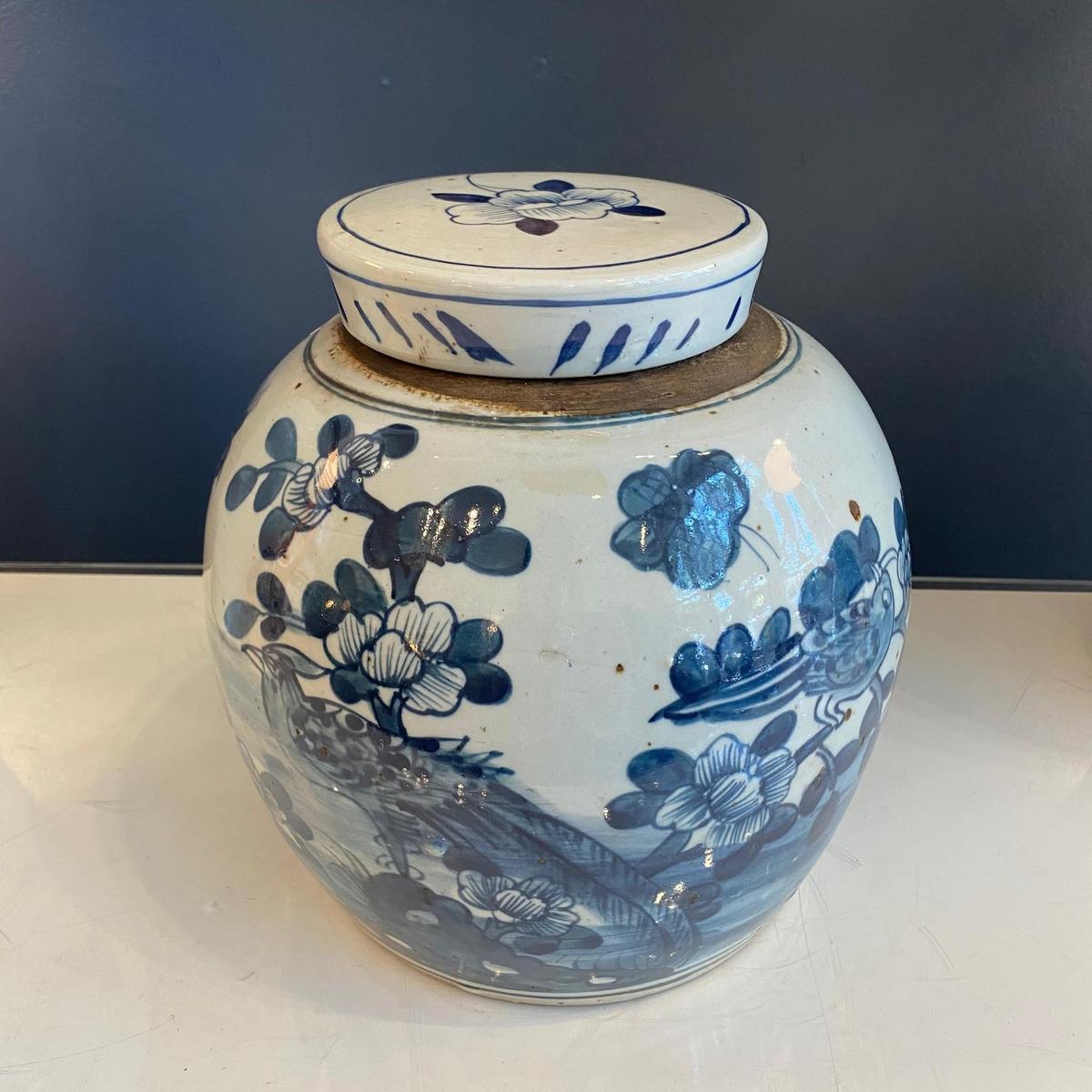 Blue & White Porcelain Bird Ginger Jar