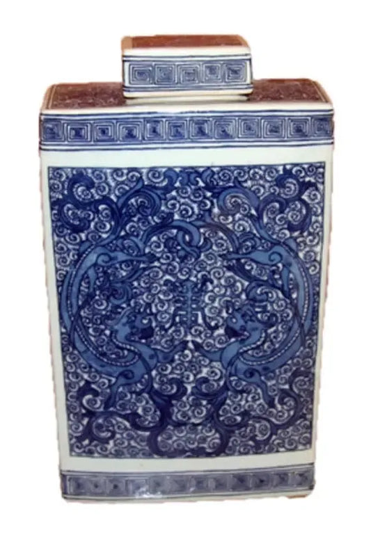 Blue & White Porcelain Dragon Rectangle Tea Jar