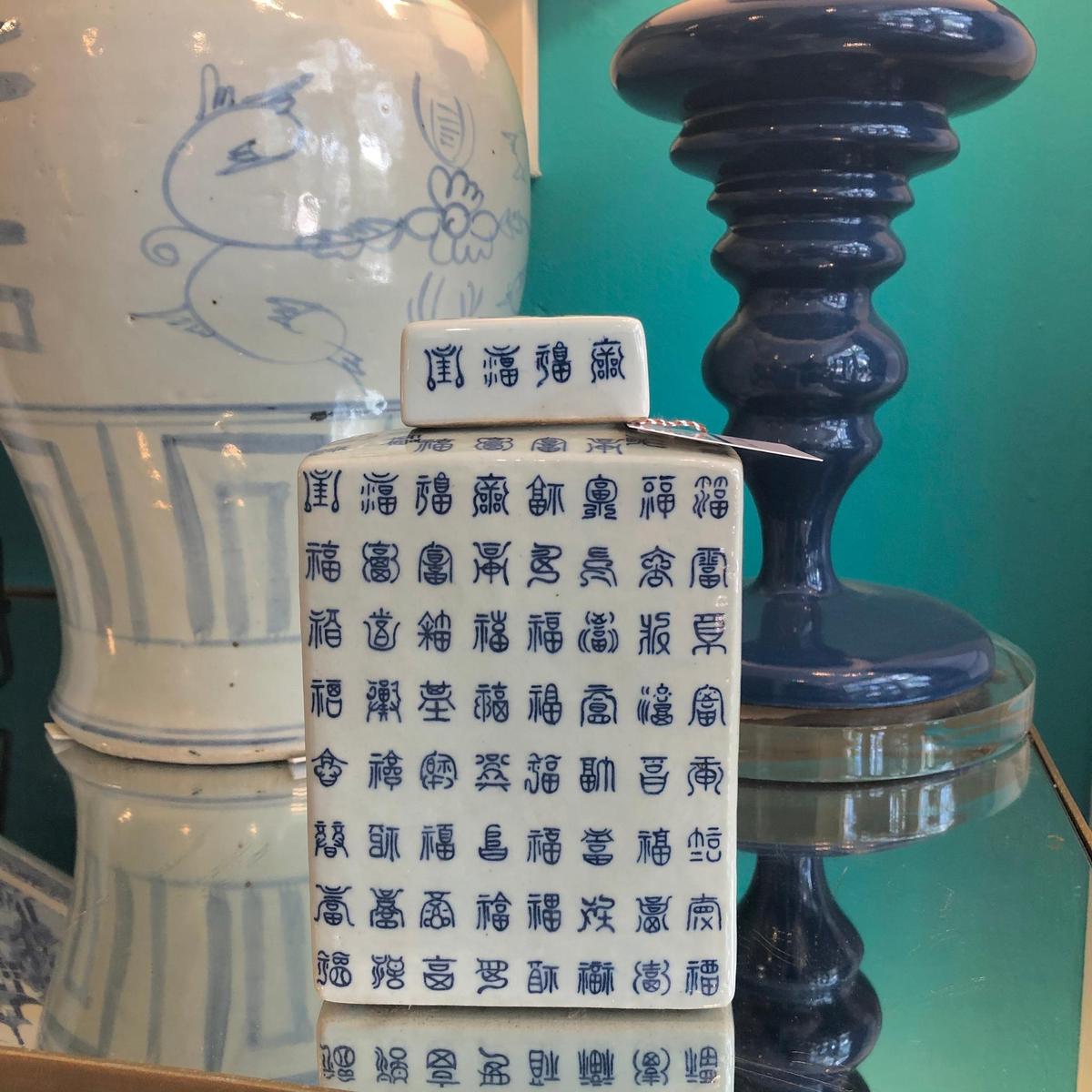 Blue & White Porcelain Rectangular Happiness Motif Tea Jar