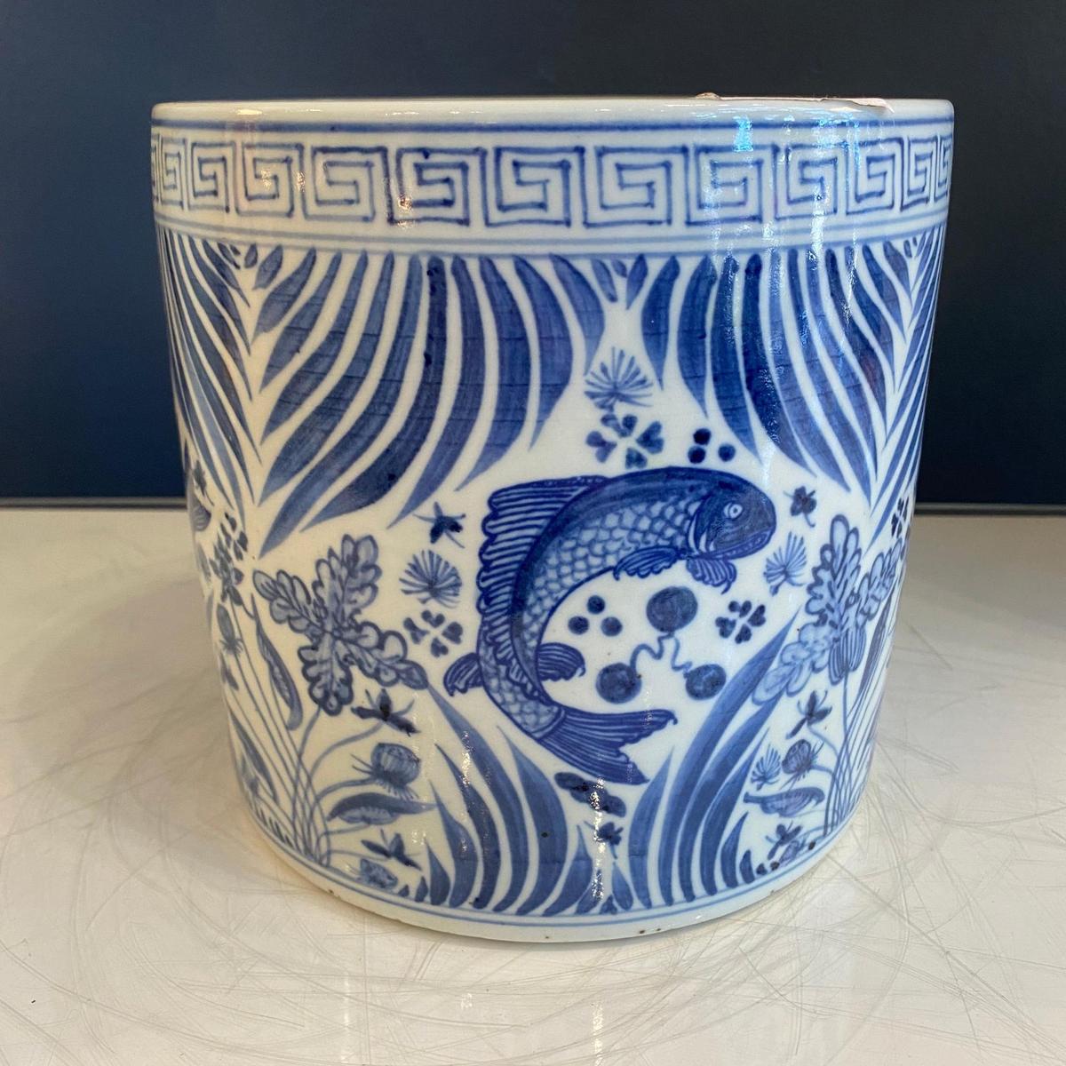 Blue and White Porcelain Fish Planter - Foot Stomp Clay