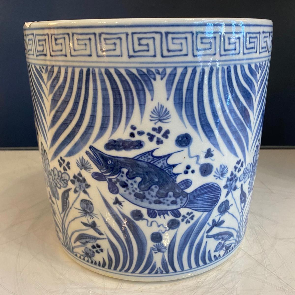 Blue and White Porcelain Fish Planter - Foot Stomp Clay