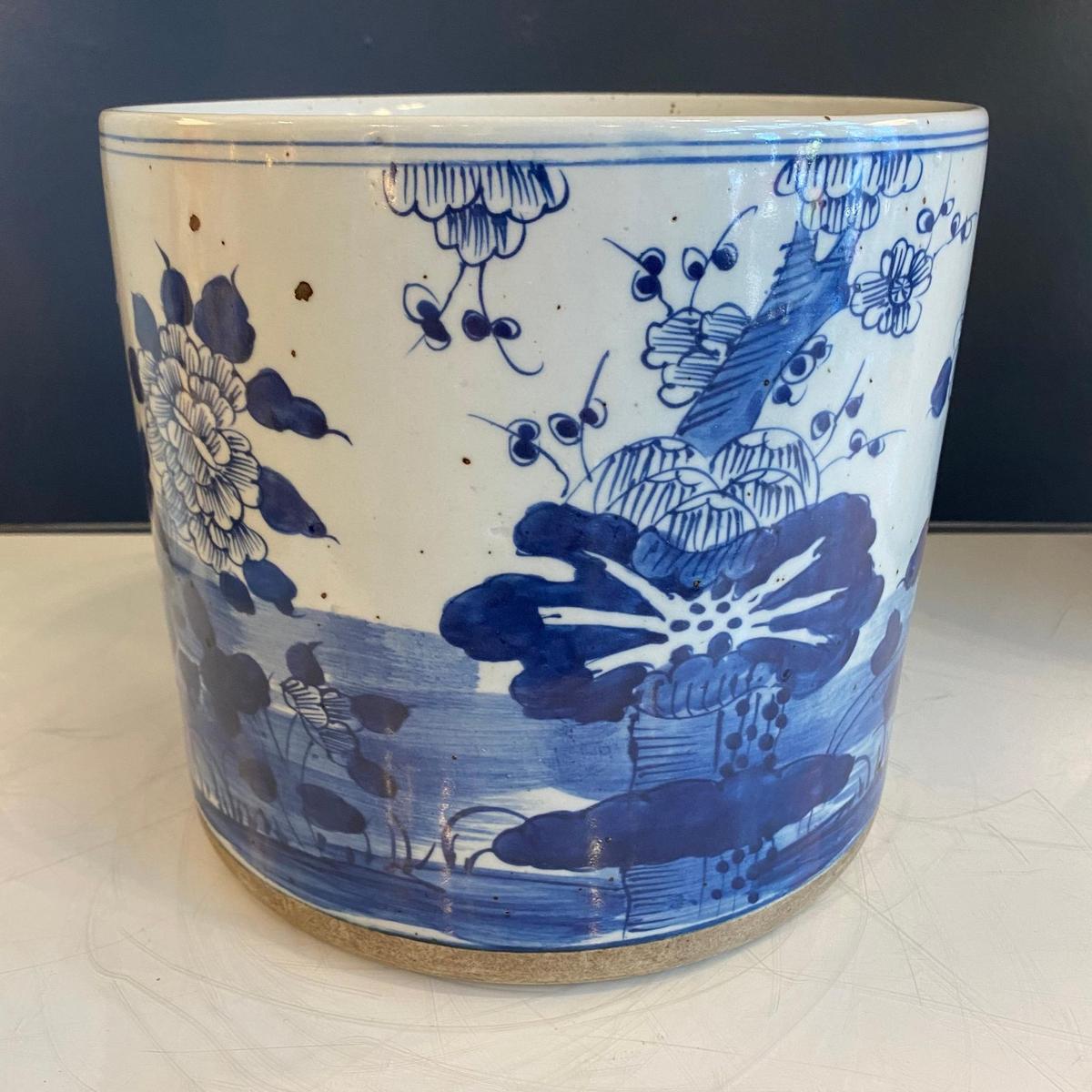 Blue and White Porcelain Floral Motif Planter - Foot Stomp Clay